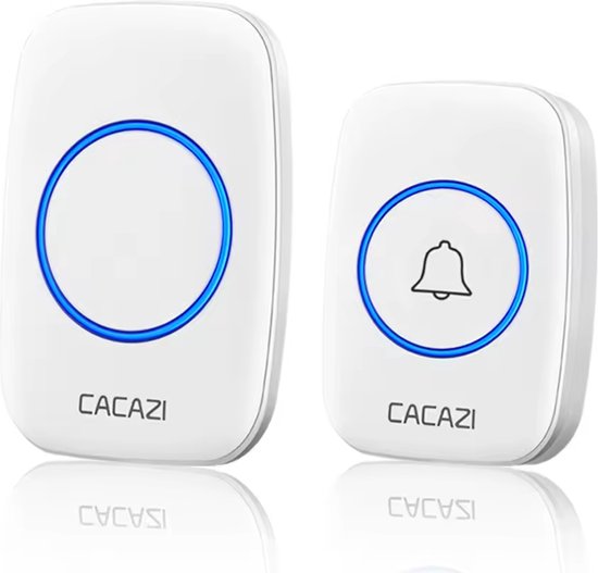 Witte draadloze deurbelset met twee units, één met een blauwe cirkel, de andere met een bel-icoon en blauwe lichtring. CACAZI logo.