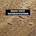 Houtoppervlak met waterdruppels. Tekst 'maakt hout waterafstotend'.
