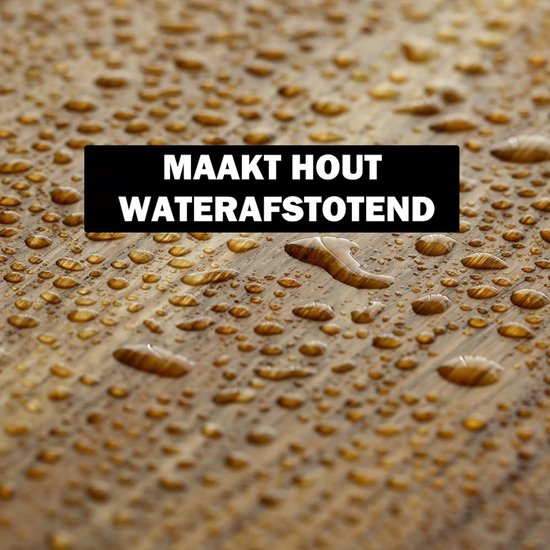 Houtoppervlak met waterdruppels. Tekst 'maakt hout waterafstotend'.