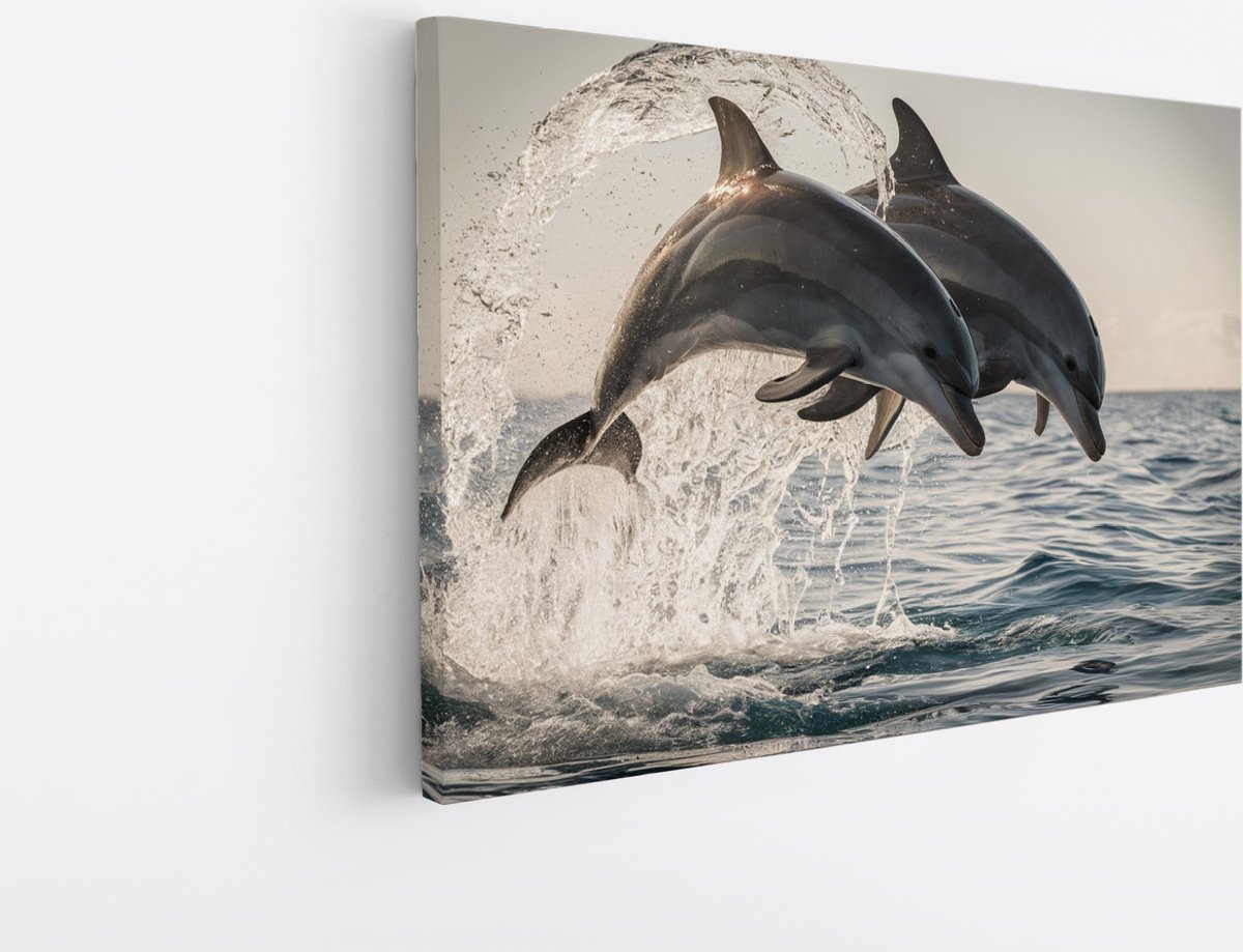 Saammp Canvas Schilderij - 2 Dolfijnen - Dieren - Landschap - Natuur - 50x40 - Foto op canvas - Wanddecoratie - Muurdecoratie Woonkamer - Slaapkamer decoratie - Canvas Print Multicolor