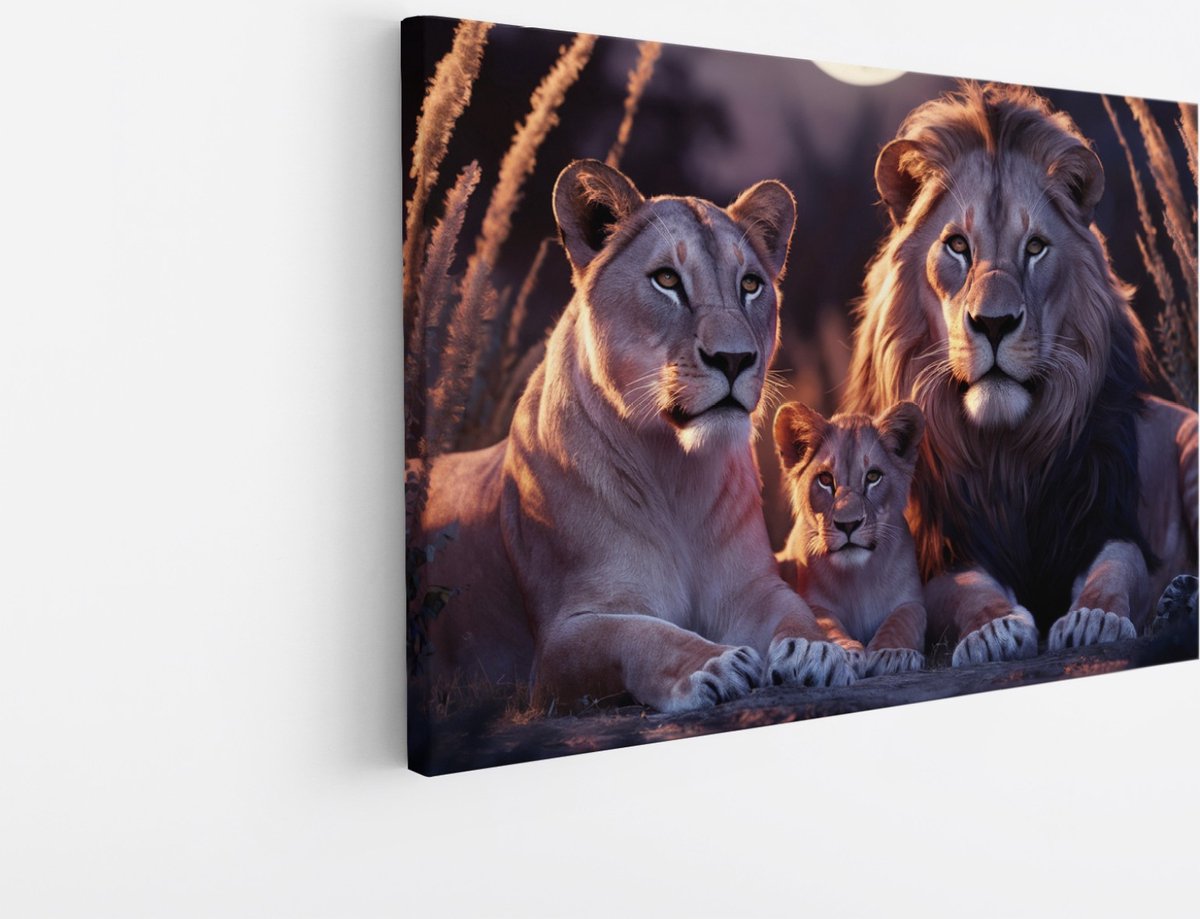 Saammp Canvas Schilderij - Leeuwen Familie - Natuur - Dieren - 45x30 - Foto op canvas - Wanddecoratie - Muurdecoratie Woonkamer - Slaapkamer decoratie - Canvas Print Multicolor
