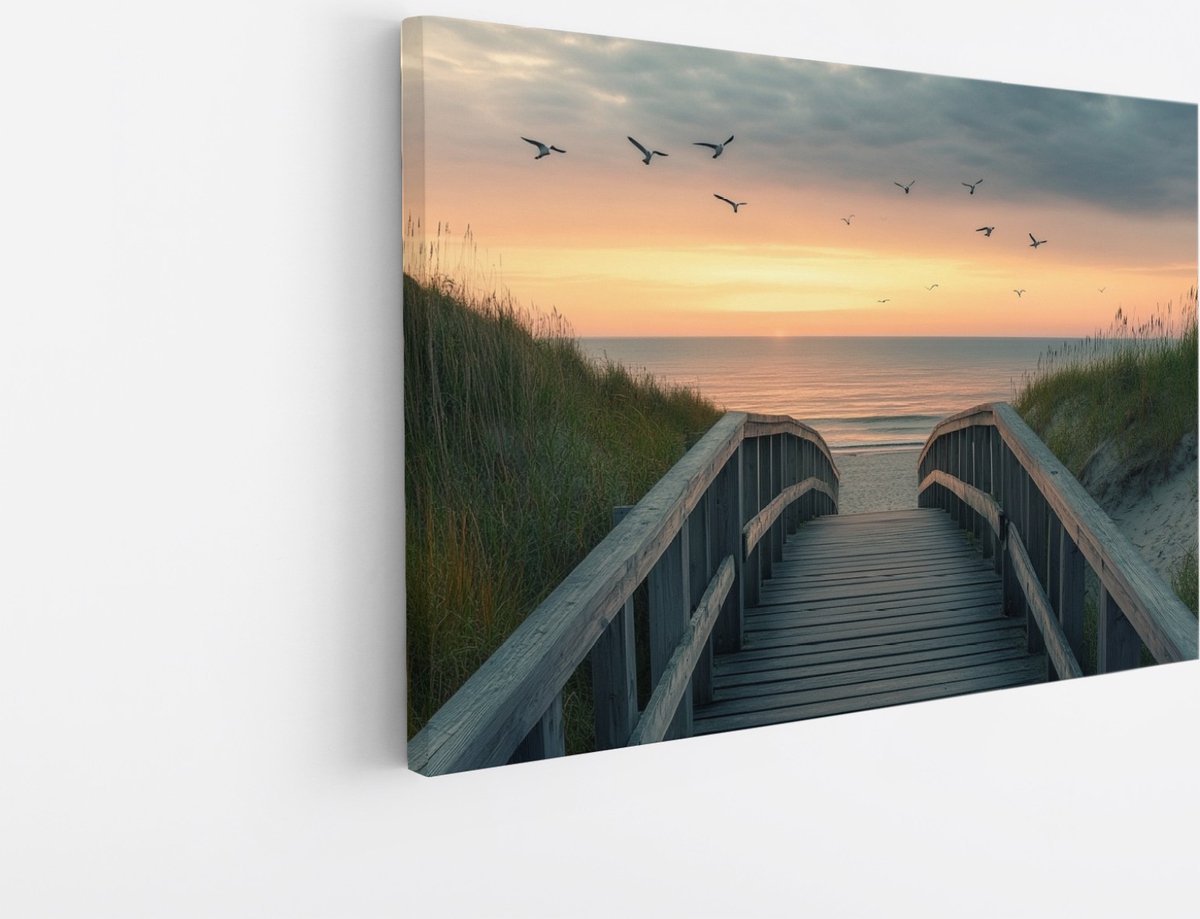 Saammp Canvas Schilderij - Brug tussen de duinen - strand en zee - 60x40 - Foto op canvas - Wanddecoratie - muurdecoratie Woonkamer - Slaapkamer decoratie - Canvas Print Multicolor