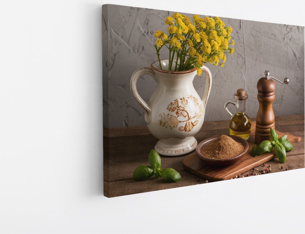 Saammp Canvas Schilderij - Kruiden - Molen - Stilleven - 90x60 - Foto op canvas - Wanddecoratie - Muurdecoratie keuken - Slaapkamer decoratie - Canvas Print Multicolor
