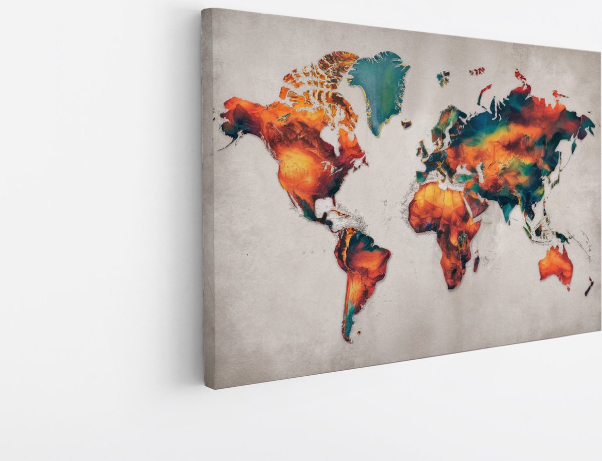 Saammp Canvas Schilderij - Kleurrijk - Wereldkaart - Steden - Landen - 90x60 - Foto op canvas - Wanddecoratie - muurdecoratie Woonkamer - Slaapkamer decoratie - Canvas Print Multicolor