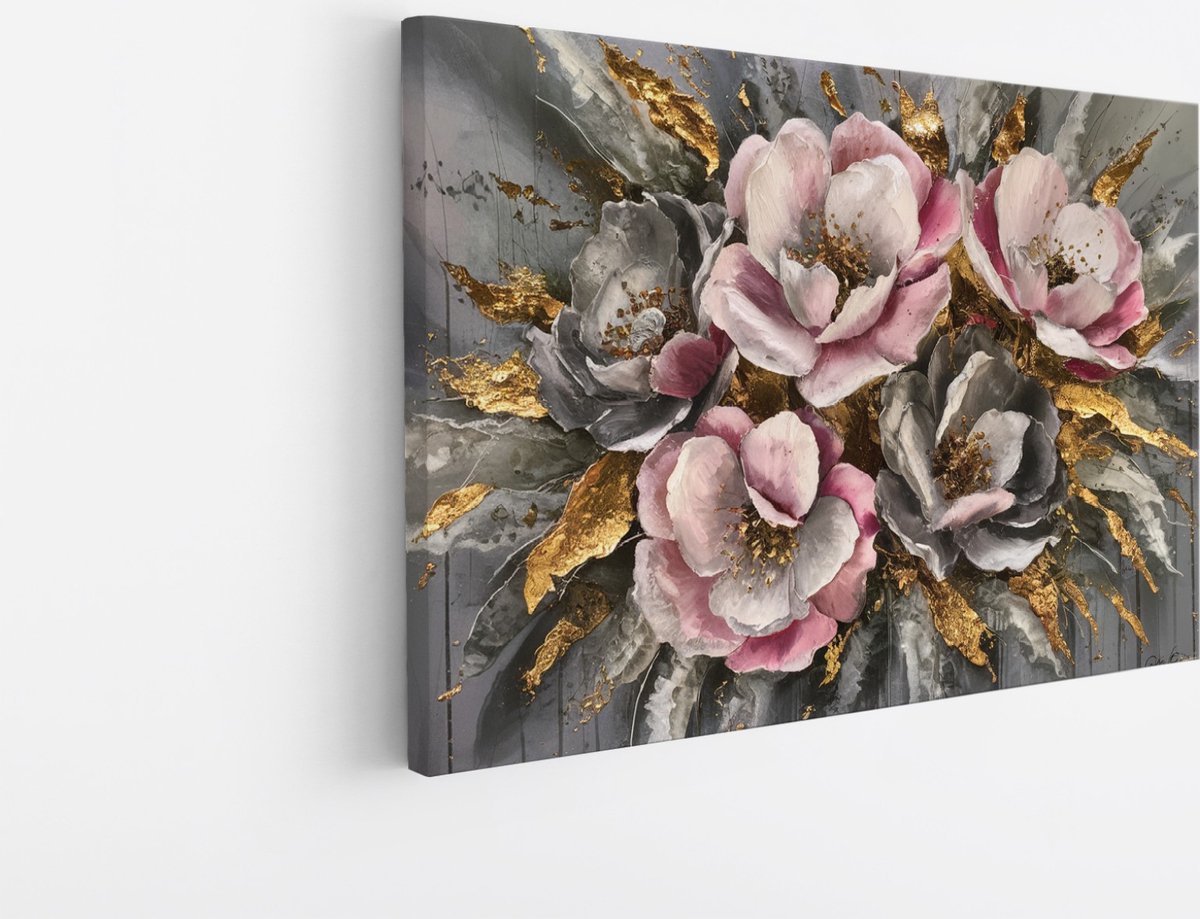 Saammp Canvas Schilderij - Abstracte Bloemen met Goud - Roze en Grijs - 120x80 - Foto op canvas - Wanddecoratie - Muurdecoratie Woonkamer - Kantoor Decoratie Multicolor
