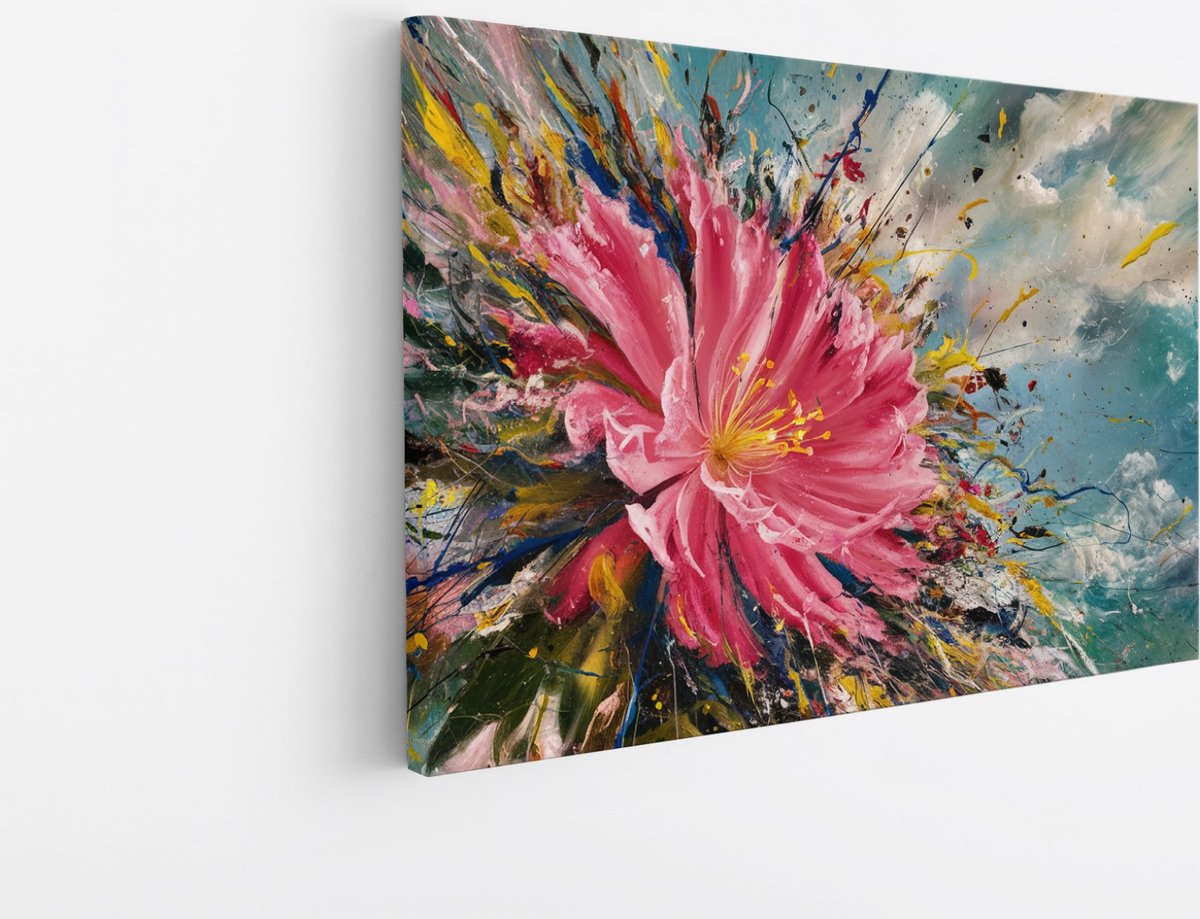 Saammp Canvas Schilderij - Roze Bloem met verfspetters - Abstract - 120x80 - Foto op canvas - Wanddecoratie - Muurdecoratie Woonkamer - Kantoor Decoratie Multicolor