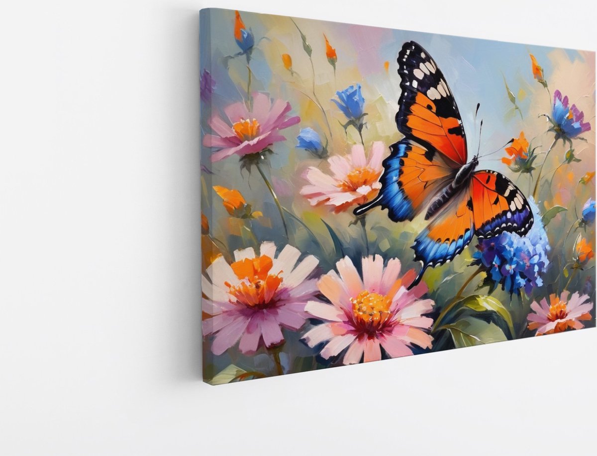 Saammp Canvas Schilderij -Vlinder bij roze bloem - Dieren - Abstract - 100x75 - Foto op canvas - Wanddecoratie - muurdecoratie Woonkamer - Slaapkamer decoratie - Canvas Print Multicolor