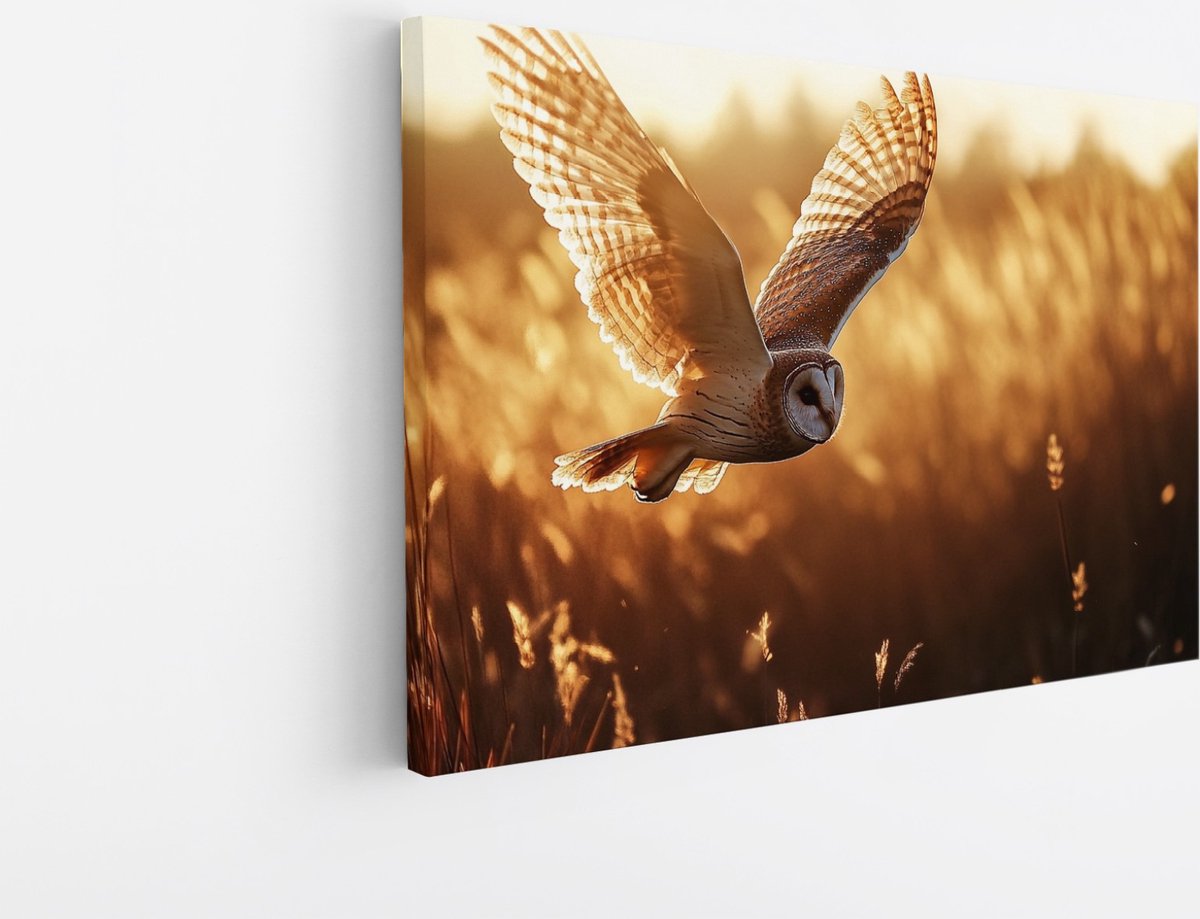 Saammp Canvas Schilderij - Vliegende Uil - Zonsondergang - Dieren - 100x75 - Foto op canvas - Wanddecoratie - muurdecoratie Woonkamer - Slaapkamer decoratie - Canvas Print Multicolor