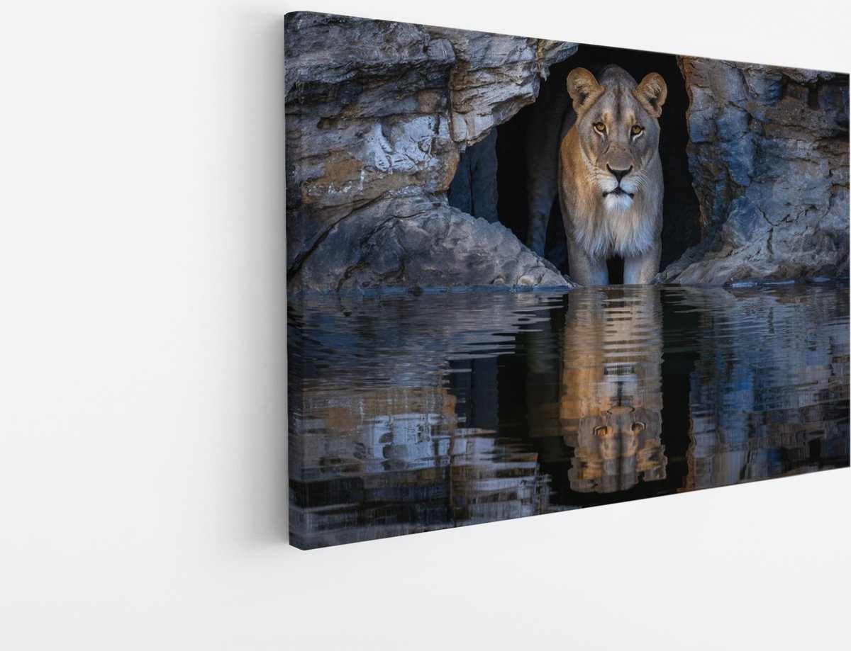 Saammp Canvas Schilderij - Leewin tussen de stenen - Natuur - Dieren - 100x75 - Foto op canvas - Wanddecoratie - Muurdecoratie Woonkamer - Slaapkamer decoratie - Canvas Print Multicolor