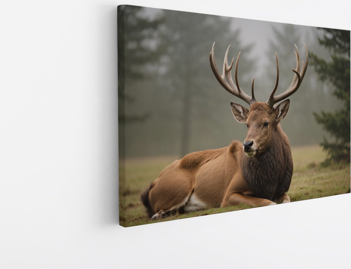 Saammp Canvas Schilderij - Liggend Hert - Natuur - Dieren - 100x75 - Foto op canvas - Wanddecoratie - Muurdecoratie Woonkamer - Slaapkamer decoratie - Canvas Print Multicolor