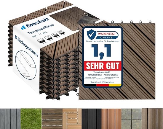 Floordirekt WPC-tegels, 60 x 30 cm, 1 m² = 6 terrastegels, kliktegels, balkontegels in houtlook - vloerbedekking voor balkon en terras - weerbestendig, met drainagefunctie | donkerbruin | Royal
