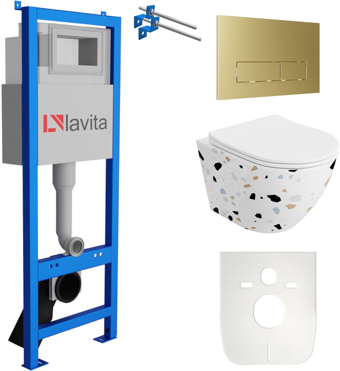 LAVITA® Inbouwreservoir Complete Toiletset LAV 101 - Inbouw WC Hangtoilet Wandcloset SOFI SLIM STONE - Bedieningsplaat 200.3.5 Gouden - Voorwandelement voor toilet 40cm - Installatiesysteem