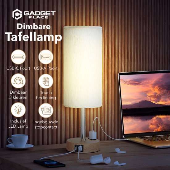LED Bedlamp Je Touch Dimbare Tafellamp - Met USB Oplaadpoorten & Linnen Kap Opaal Wit Licht