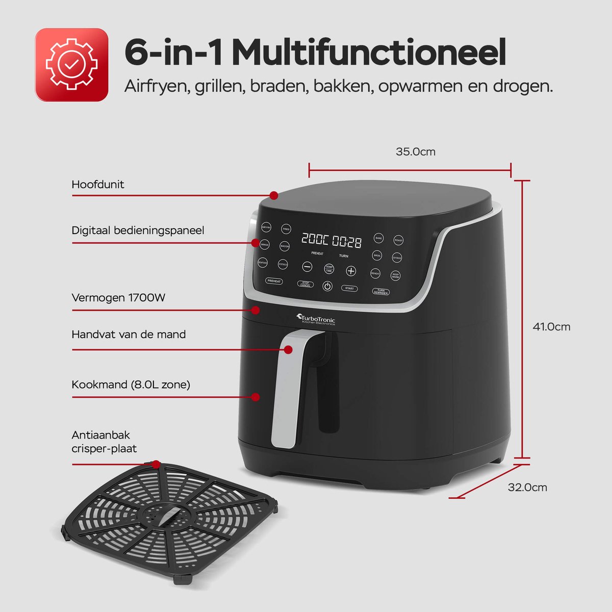TurboTronic AF13D Airfryer XXL - Heteluchtfriteuse - 8 Liter - Dual Heating - 13 programma's - Zwart thumbnail 2
