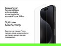 Een iPhone 15 Pro met een screenprotector die erop ligt. "ScreenForce™ TemperedGlass antimicrobiële screenprotector voor de iPhone 15 Pro."