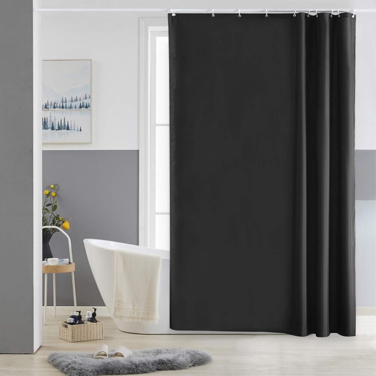 Azalia Smal douchegordijn voor douche en bad, badgordijn van textiel van polyester, schimmelbestendig, waterafstotend en wasbaar, zwart, 150 x 200 cm met 10 douchegordijnringen
