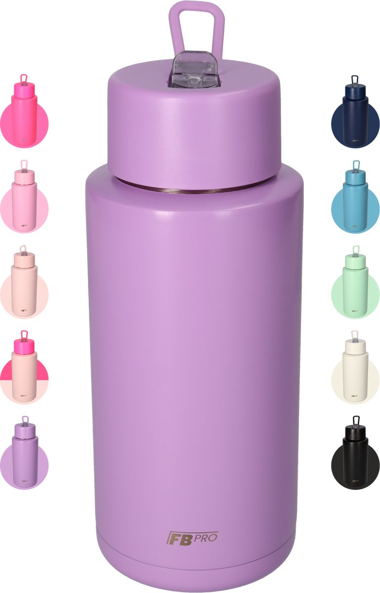 Thermosfles, Waterfles, Drinkfles – Modern & Slank Design – 1000 ml – Paars – Met Uitklapbare Drinktuit