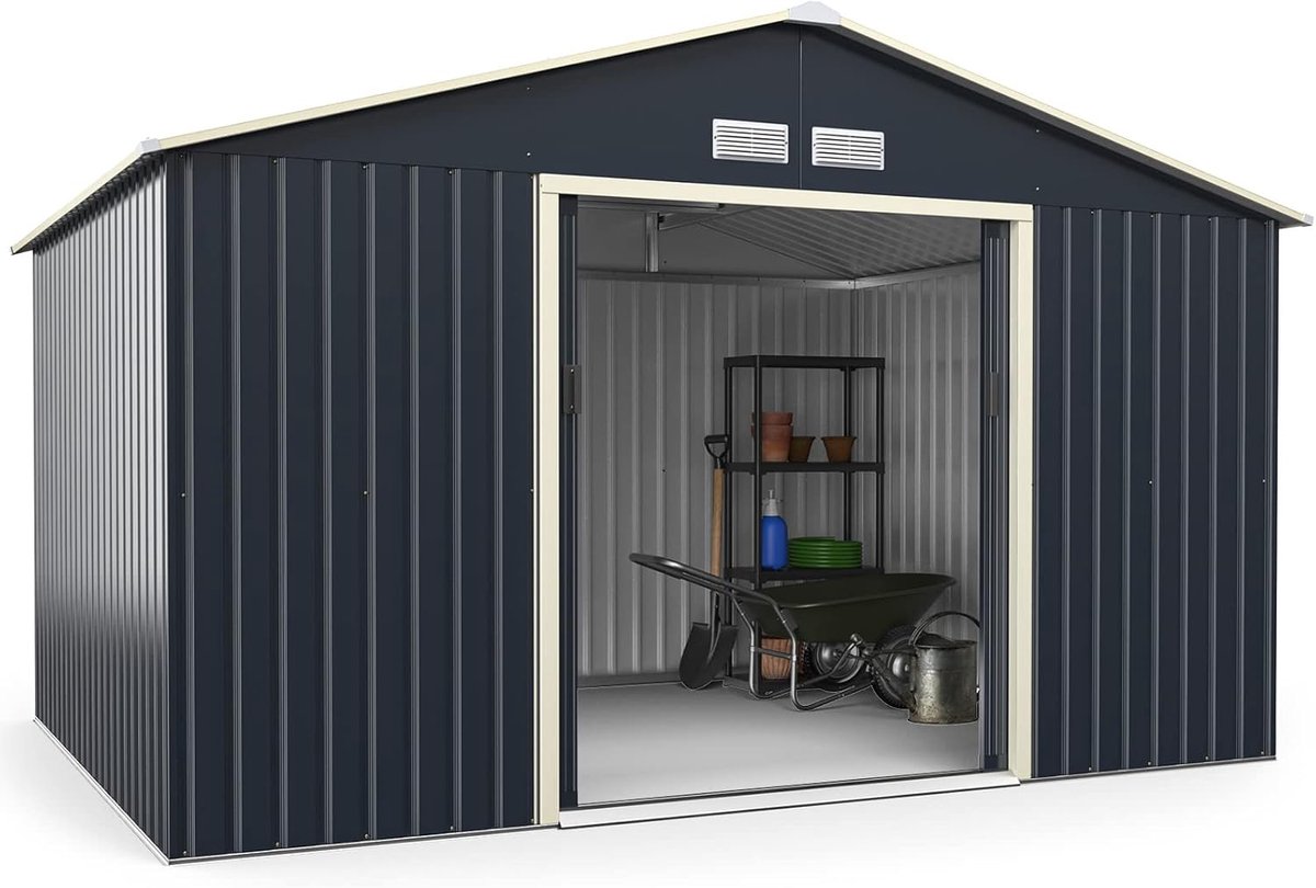 COSTWAY Gereedschapsschuur van metaal, 340 x 255 x 210 cm, afsluitbaar met 4 ventilatiesleuven en schuifdeur, tuinschuur voor grasmaaiers, fietsen, metalen schuur, voor buiten