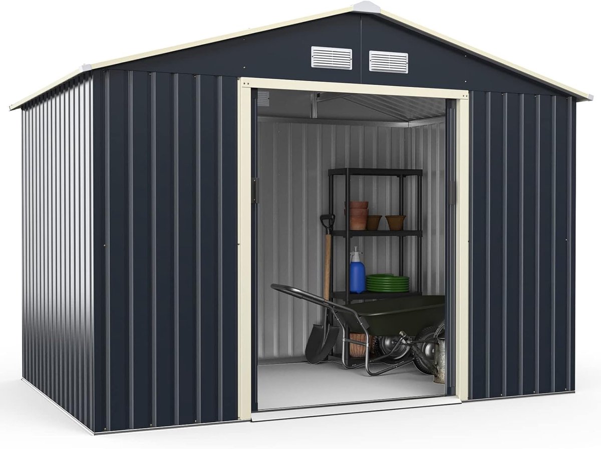 COSTWAY Gereedschapsschuur van metaal, 277 x 191 x 202 cm, afsluitbaar, tuinhuis met 4 ventilatiesleuven en schuifdeur, tuinschuur voor grasmaaiers, fietsen, gereedschap, metalen schuur, voor buiten