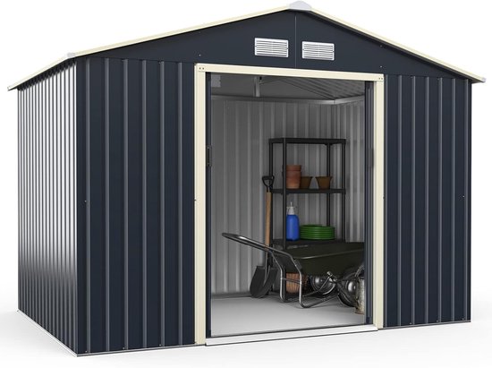 Grijze metalen opbergschuur met open schuifdeuren, met een kruiwagen en gereedschap binnenin.