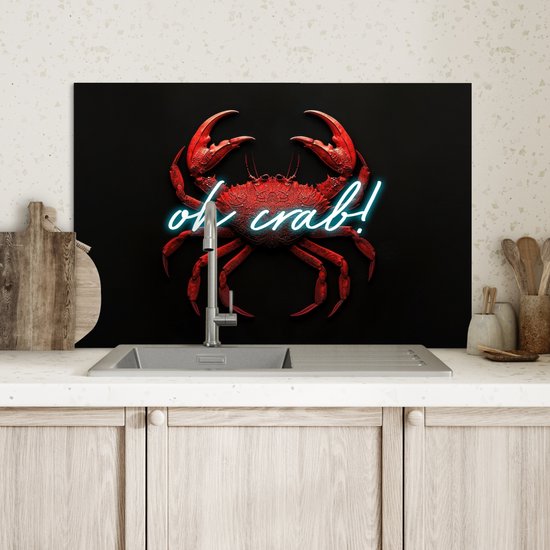 Crédence de Cuisinière en Aluminium 60x40 cm - Crabe - Rouge - Néon - Citation - Écran Pare-éclaboussures pour Plaque de Cuisson - Protection Murale