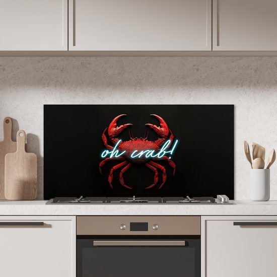 Crédence de Cuisinière en Aluminium 100x50 cm - Crabe - Rouge - Néon - Citation - Écran Pare-éclaboussures pour Plaque de Cuisson - Protection Murale