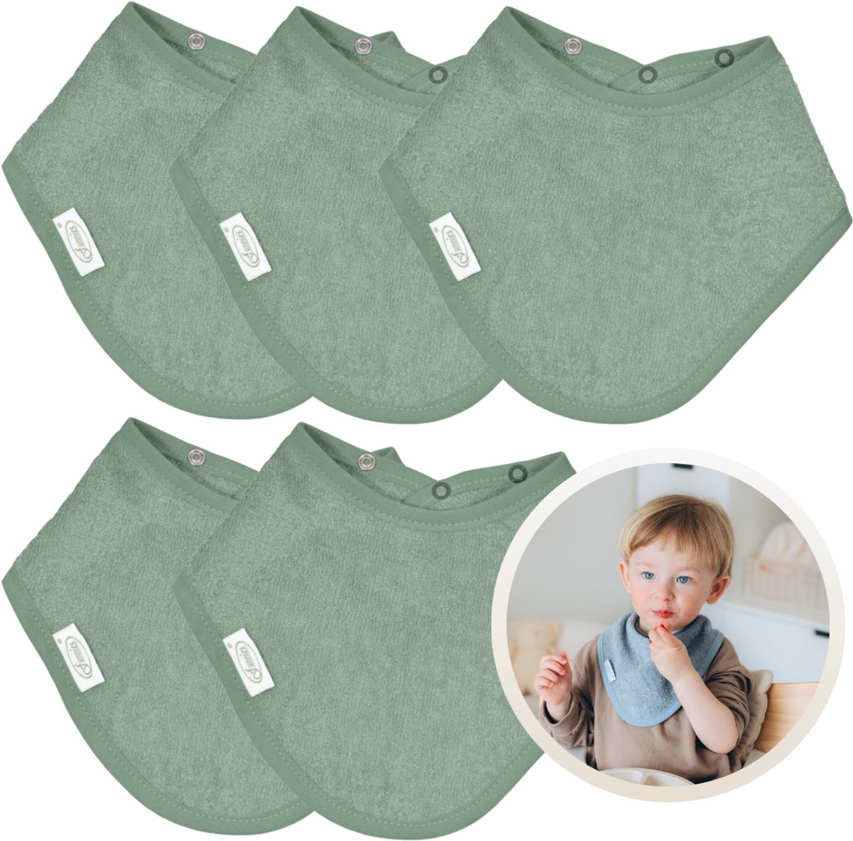 Funnies Bandana Slabbetjes 5 Stuks Stone Green - Set van 5 Zachte Slabbetjes - Kwijldoekjes - Spuugdoekjes - Gemaakt van 100% Katoenen Badstof - Absorberend, Zacht en Makkelijk Wasbaar - Ideaal voor Baby’s bij Voeden, Kwijlen en Spugen