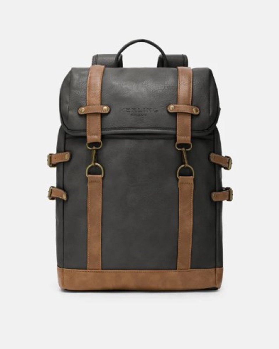 Herling - Rugzak - Reizen - Wandelen - School - Kieran - Uniseks - Vintage stijl - Antraciet Grijs/Koffie Bruin - Hoogwaardig Pu leder
