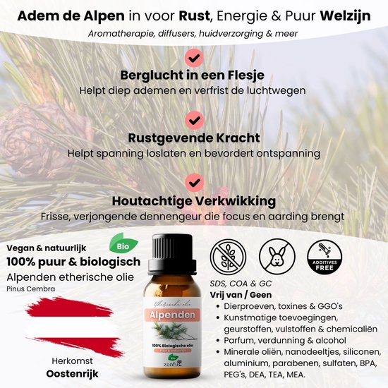 Flesje met Alpen Zirben etherische olie, 100% biologisch en puur, met dennentakken.