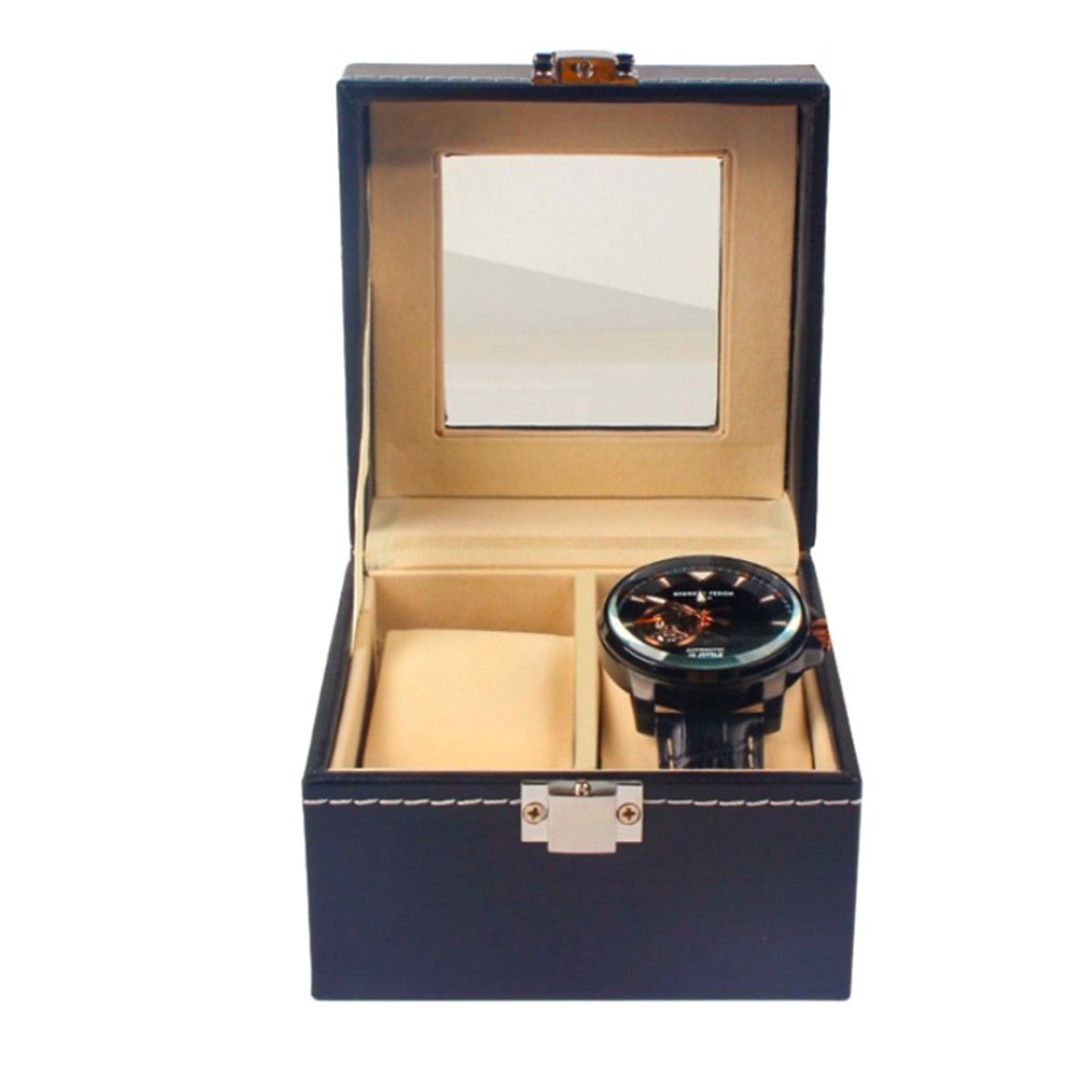 Ceruzo Horlogebox - 2 Horlogevakken kussentjes - Zwart - Unisex- Luxe Opbergdoos - 11x11 x 8 cm