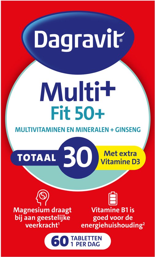 Dagravit Totaal 30 Vitaal 50+ Multivitaminen - Vitamine B1, B2, B3, B5, B6, B12 en het mineraal koper dragen bij aan een goede energiehuishouding - 60 tabletten