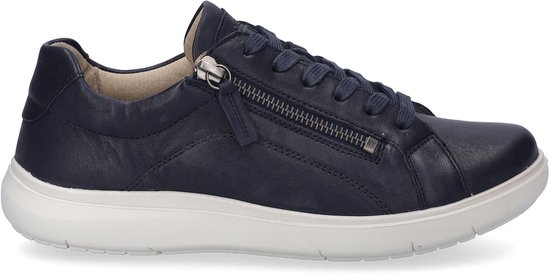 Sneaker marine en cuir avec lacets et fermeture éclair latérale, semelle blanche, vue en angle.