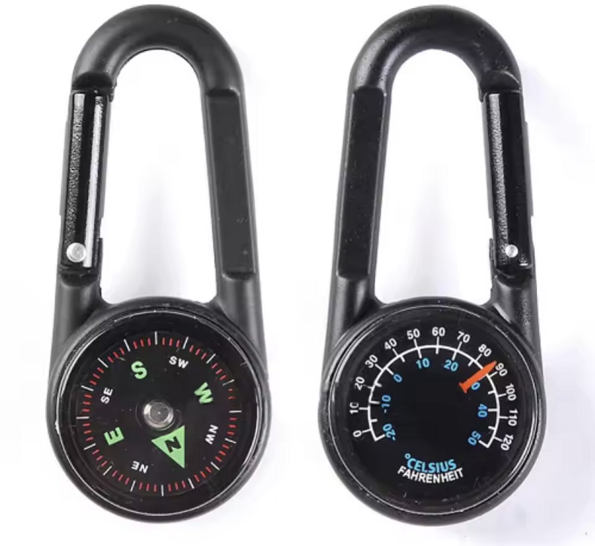 CHPN - Karabijnhaak met thermometer en kompas - Compacte thermometer met haak - 1 stuks - Dubbelzijdig - Thermometer en de andere kant kompas Survival - Zwart - Camping