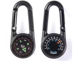 CHPN - Karabijnhaak met thermometer en kompas - Compacte thermometer met haak - 1 stuks - Dubbelzijdig - Thermometer en de andere kant kompas Survival - Zwart - Camping