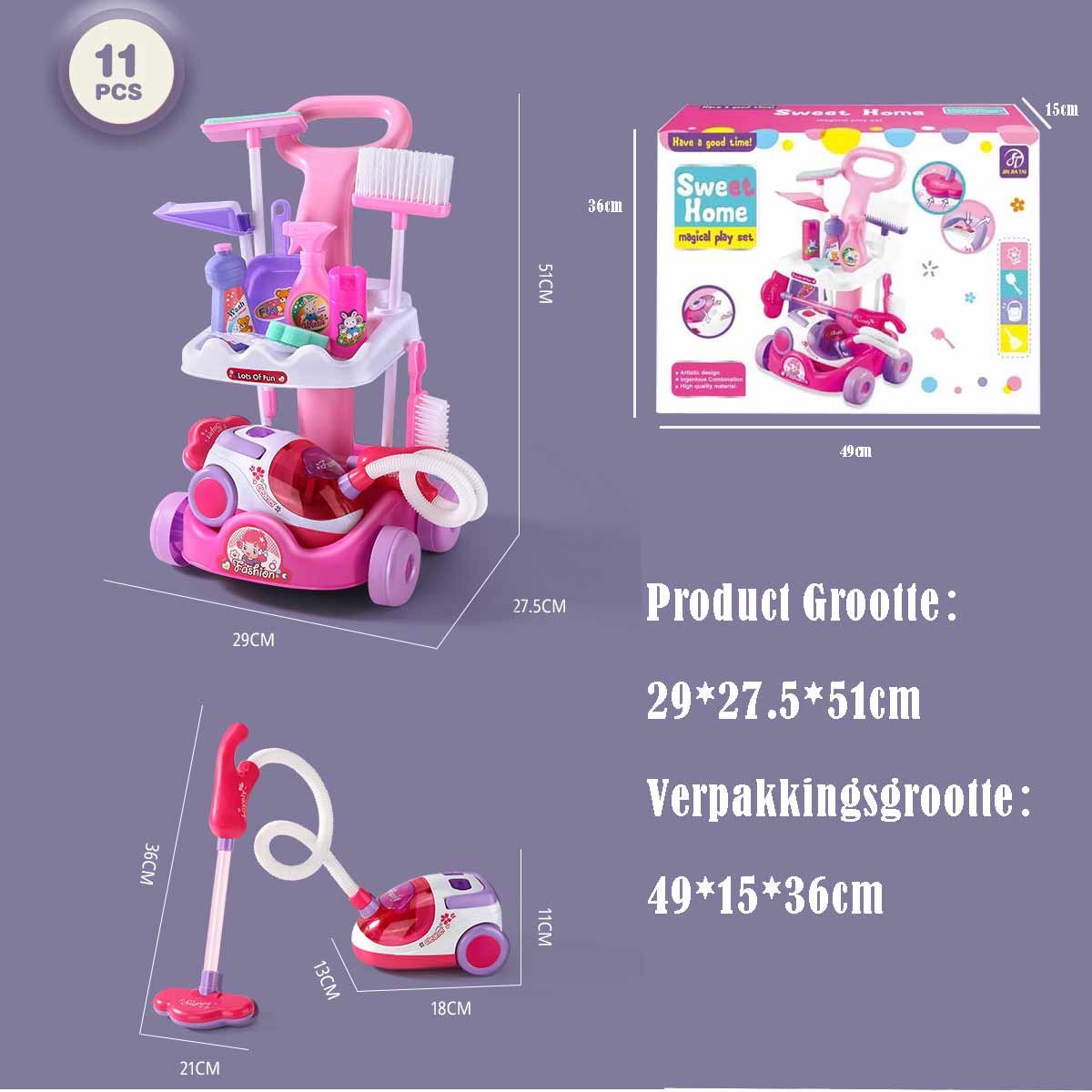 XL Schoonmaakset Kinderen - Montessori Speelgoed Stofzuiger en Schoonmaaktrolley - Schoonmaakset Speelgoed voor Kinderen - Speelgoed Stofzuiger en Accessoires - 3 tot 6 Jaar - 11 Delig — afbeelding 3