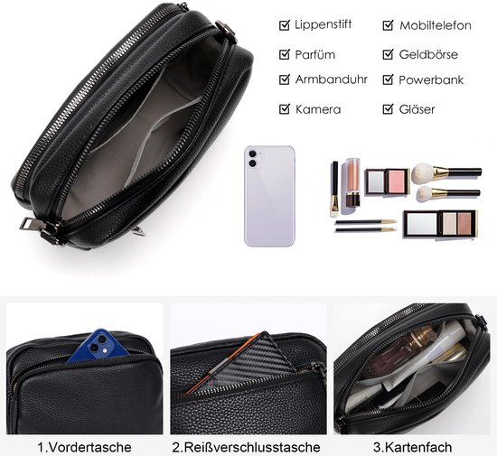 FASSIONA Sac Bandoulière Femme - sacs bandoulière - Klein Sac - Cuir - 5 Compartiments - Petit Sac Bandoulière - Zwart