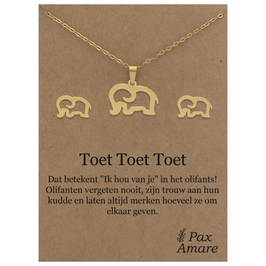 Stainless Steel Olifant Ketting + Oorbellen Setje op Cadeau Kaartje - Toet toe toet - 45 cm ketting & ± 10x10mm Oorknopjes - Goudkleurig Roestvrij Staal - Pax Amare