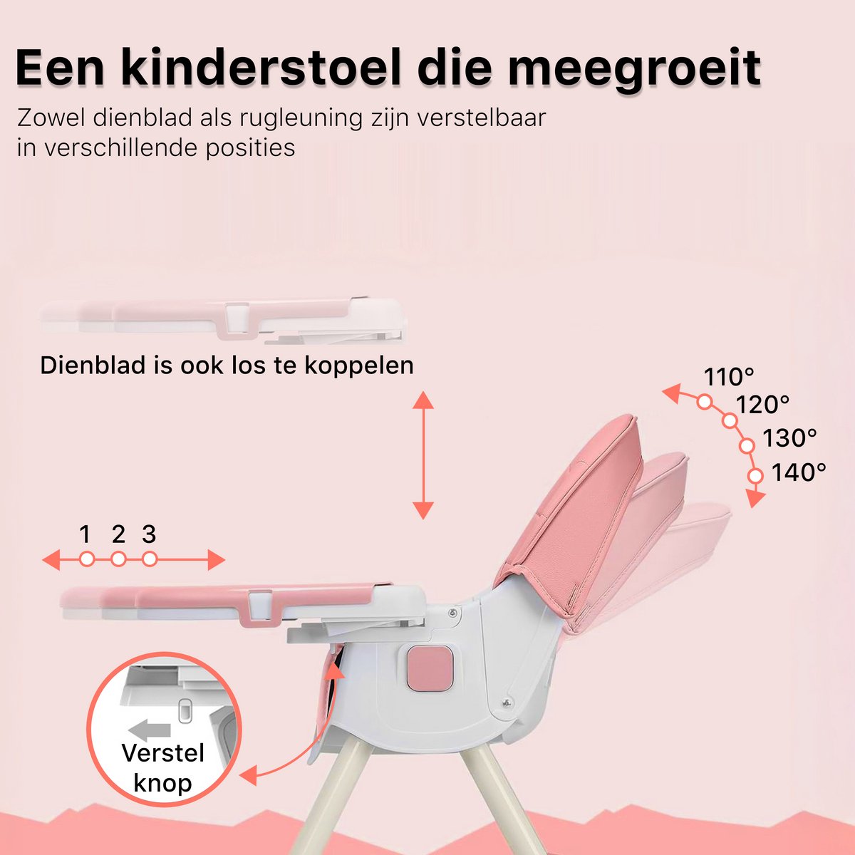 Phreeze Kinderstoel - Inklapbaar - Meegroeistoel 6 t/m 72 maanden - Afneembare Wielen - Eetstoel Baby & Peuter - Ook als Loopstoel, Wipstoel, Babystoel aan tafel / voor eten / thuis - Roze – foto 6