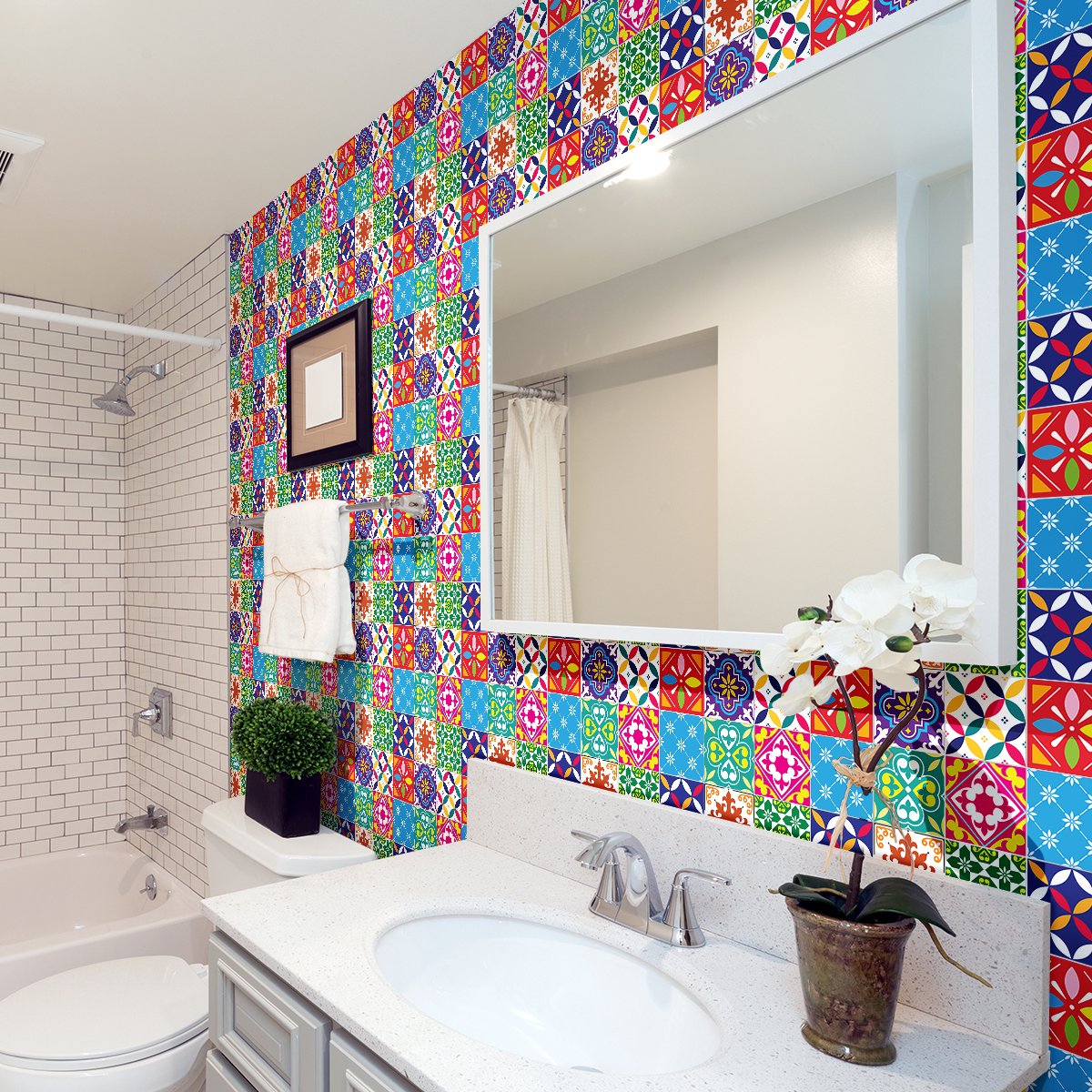Ambiance Sticker Zelfklevende tegelmuurstickers voor keuken en badkamer - 60 Azulejos Caelina tegelstickers - 60 stickers 15x15cm Multi color