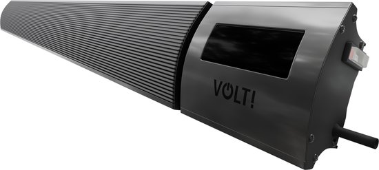 Gedetailleerde opname van de behuizing van een zwarte VOLT! heater met een glanzend displaypaneel.