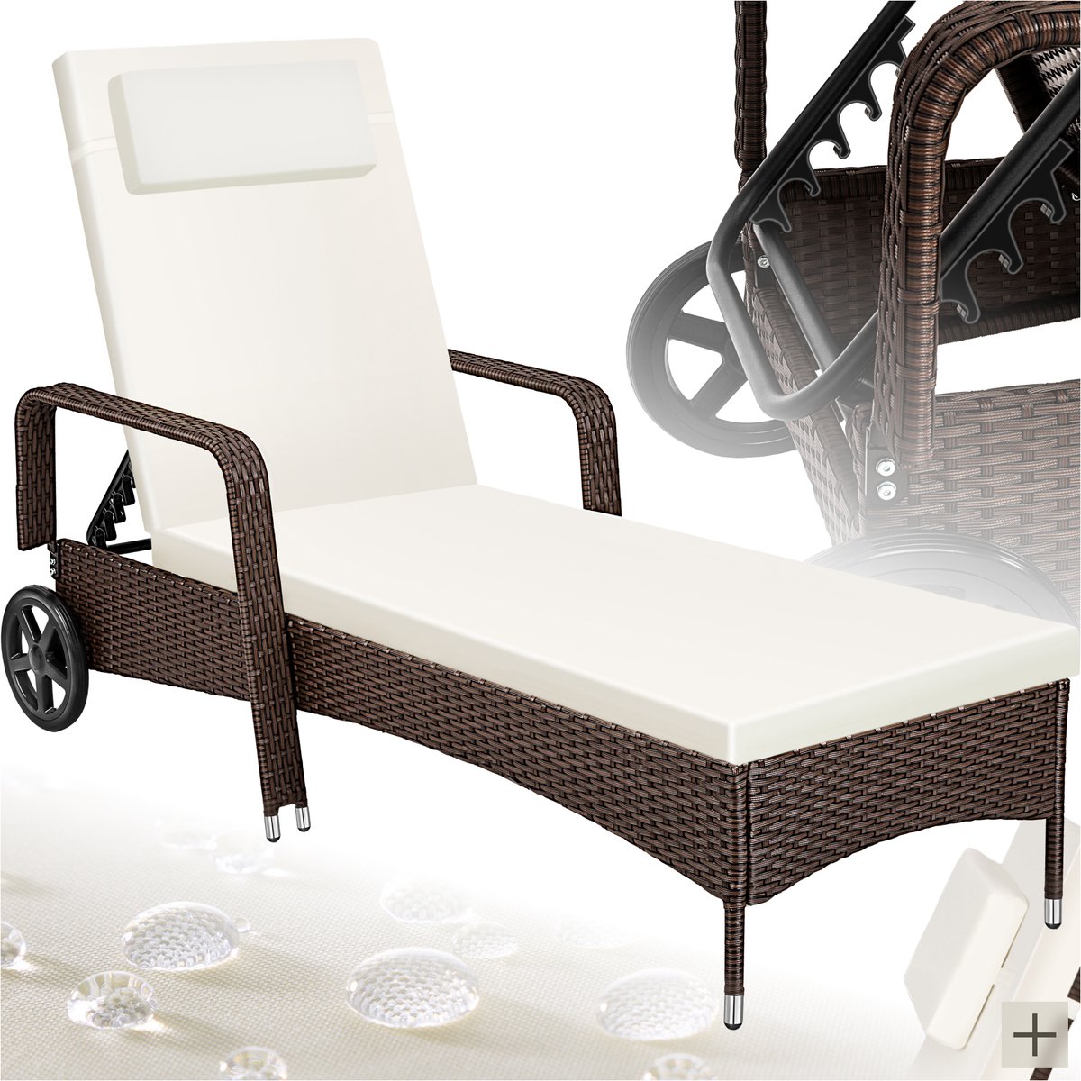 tectake® - Wicker ligbed met compact rubberen wielen en armleuningen - Rugleuning verstelbaar in 6 standen - Incl. lig- en hoofdkussen - Weerbestendig zonnebed - bruin