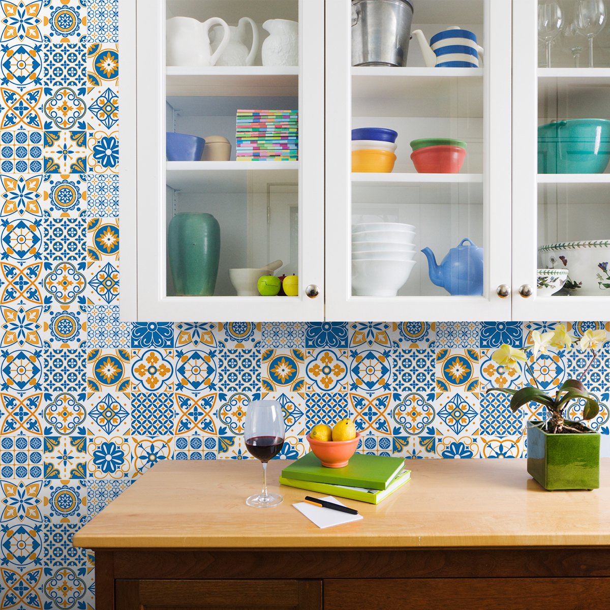 Ambiance Sticker Zelfklevende tegelmuurstickers voor keuken en badkamer - 9 cementtegelstickers, Azulejos Sidonio - 9 stickers, 10x10cm Multi color