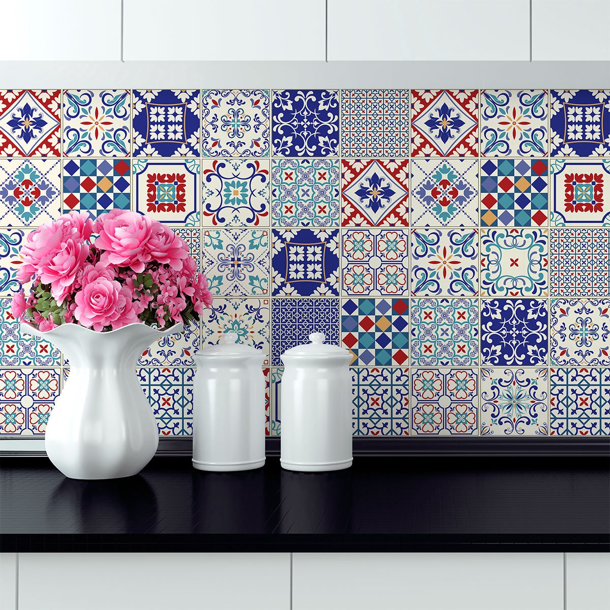 Ambiance Sticker Zelfklevende tegelmuurstickers voor keuken en badkamer - 30 Azulejos Sirano tegelstickers - 30 stickers 15x15cm Multi color
