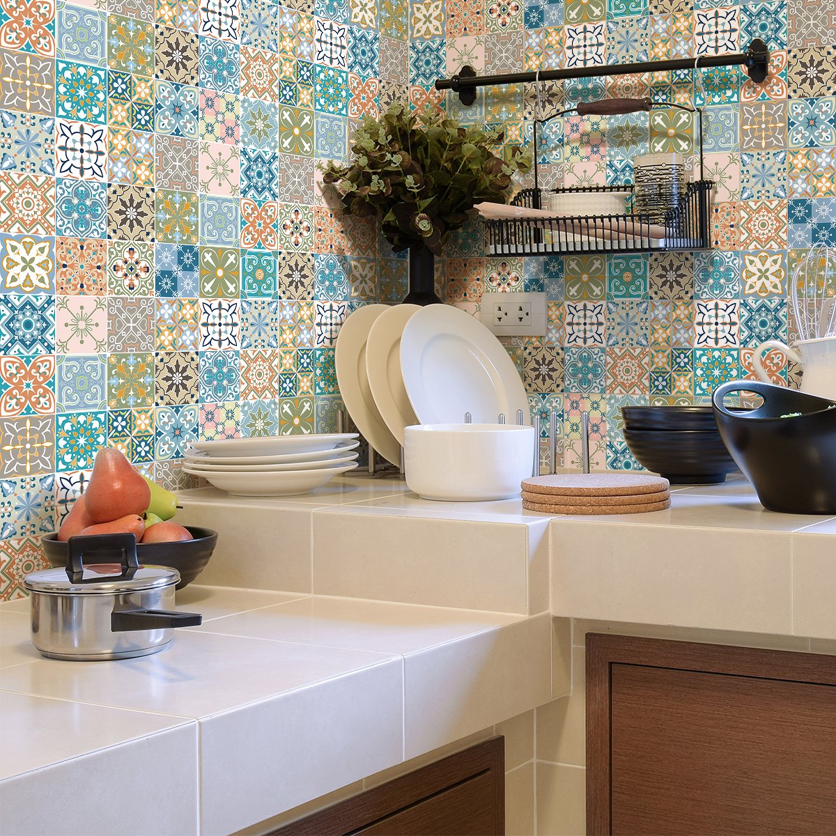 Ambiance Sticker Zelfklevende tegelmuurstickers voor keuken en badkamer - 60 Azulejos Florensia cementtegelstickers - 60 stickers 20x20cm Multi color