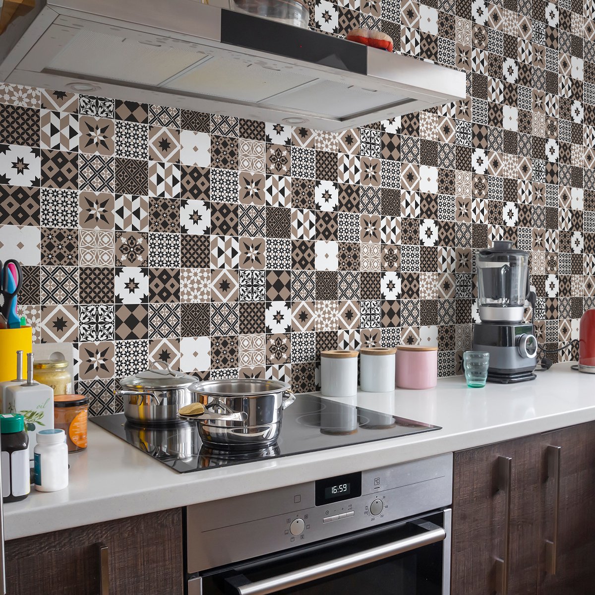 Ambiance Sticker Zelfklevende tegelmuurstickers voor keuken en badkamer - 60 cementtegelstickers, Azulejos Richario-stijl - 60 stickers, 15x15 cm Multi color