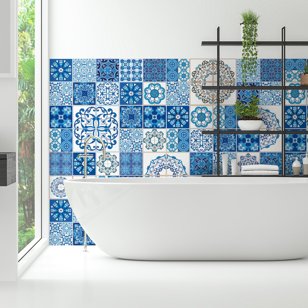 Ambiance Sticker Zelfklevende tegelmuurstickers voor keuken en badkamer - 60 cementtegelstickers, Azulejos Serafina - 60 stickers, 15x15cm Multi color