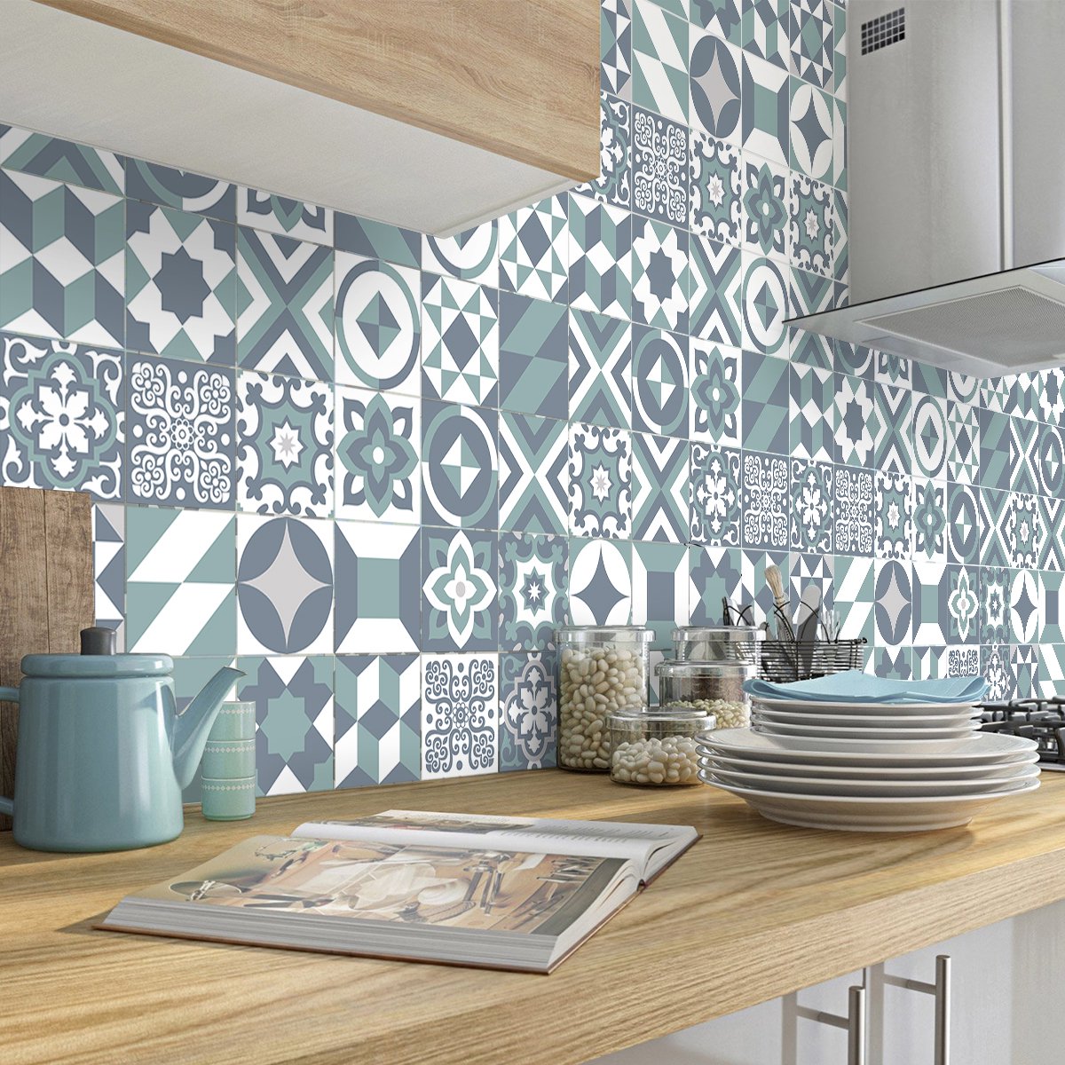 Ambiance Sticker Zelfklevende tegelmuurstickers voor keuken en badkamer - 60 cementtegelstickers, Azulejos Paoli-stijl - 60 stickers, 20x20 cm Multi color