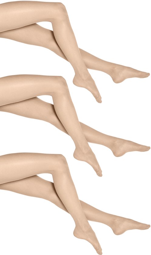 Trois paires de collants transparents couleur chair gobi, présentées sur jambes nues.