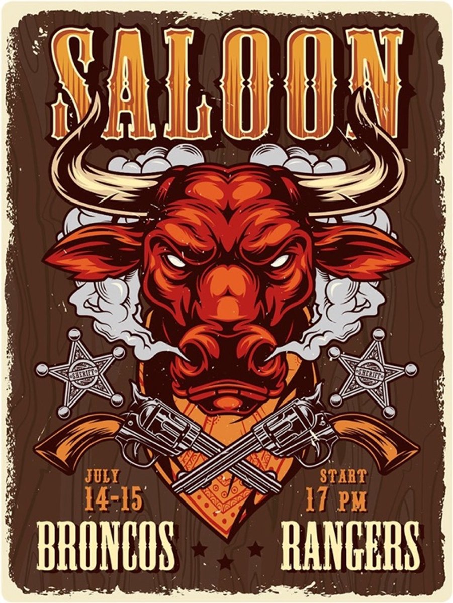 Signs-USA Signs USA - retro wandbord - dibond - Saloon Bull - 33 x 44 cm Bruin