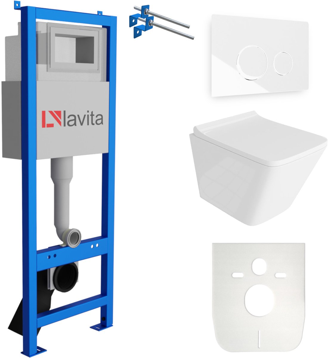 LAVITA® Inbouwreservoir Complete Toiletset LAV 101 - Inbouw WC Hangtoilet Wandcloset LAGO Wit Hoogglans - Bedieningsplaat 200.4.1 Wit - Voorwandelement voor toilet 40cm - Installatiesysteem